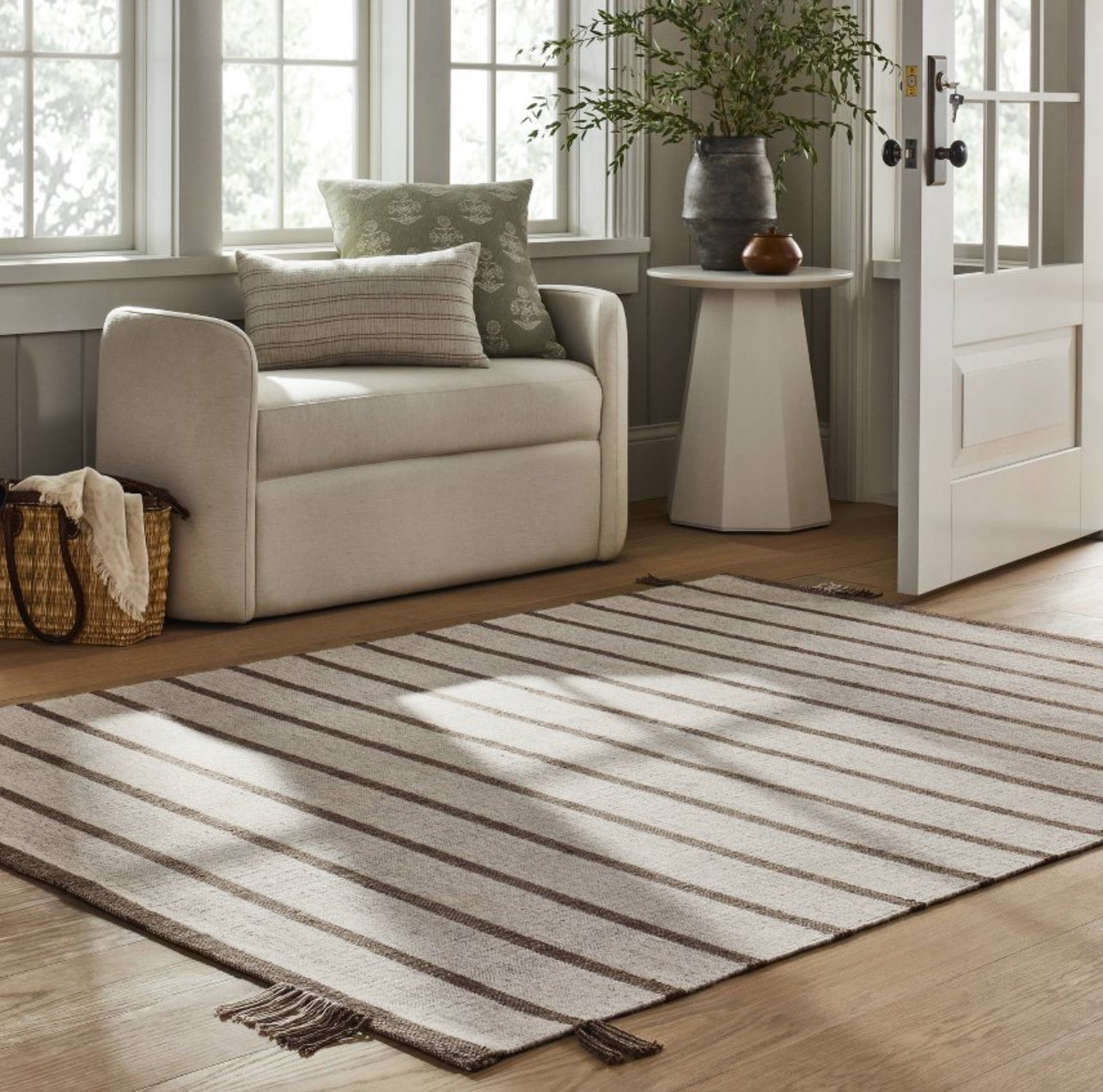 5'x7' Handwoven Plaid Flat Weave Area Rug Cream/Brown - Threshold™ designed with Studio McGee: Wool, Indoor, Stripe Pattern