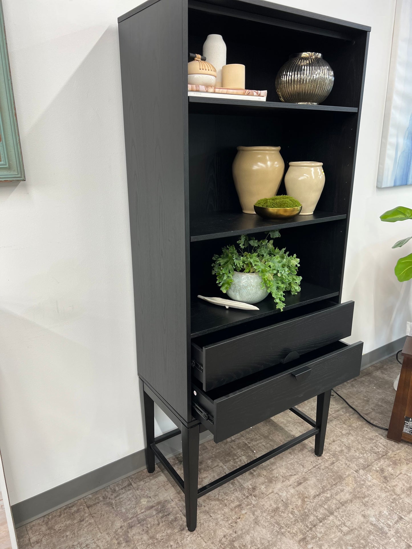 Black 3 shelf 2 drawer bookshelf
